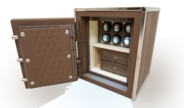 bespoke brown leather and stainless safe with the door open